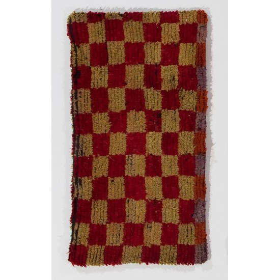 Turkish Checkered Rug Cushion Cover, Vintage Handknotted Rug Pillowcase
