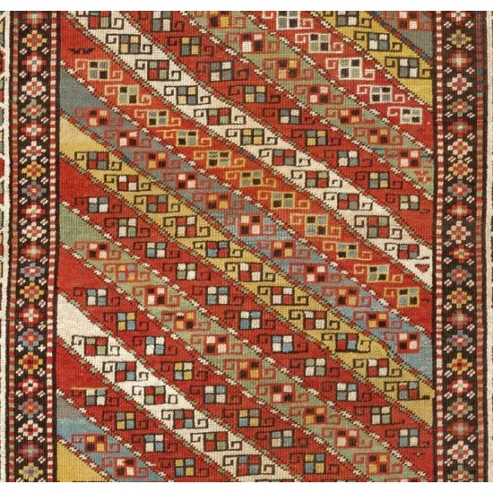Antique Caucasian Gendje Rug Colorful Diagonal Stripes, circa 1875