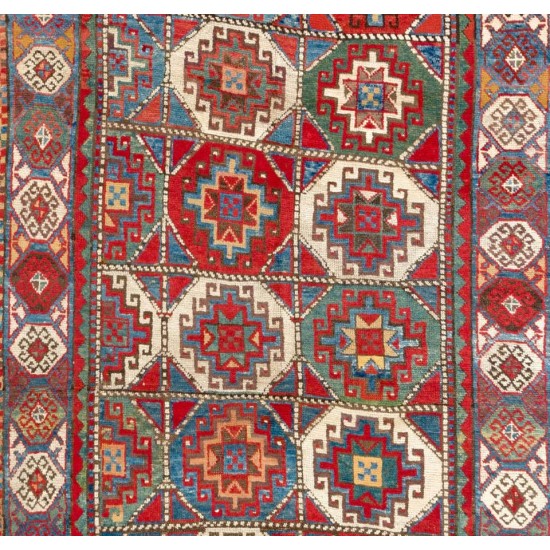 Antique Caucasian Moghan Kazak Rug, Memling Gul Design, circa 1870