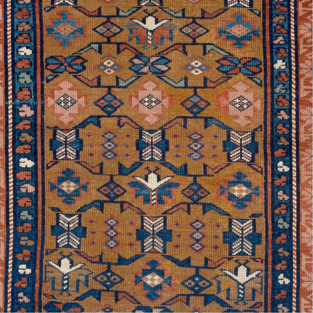 Rare Antique Caucasian Seichur Rug with Dark Yellow Ground & Rare Triple Border