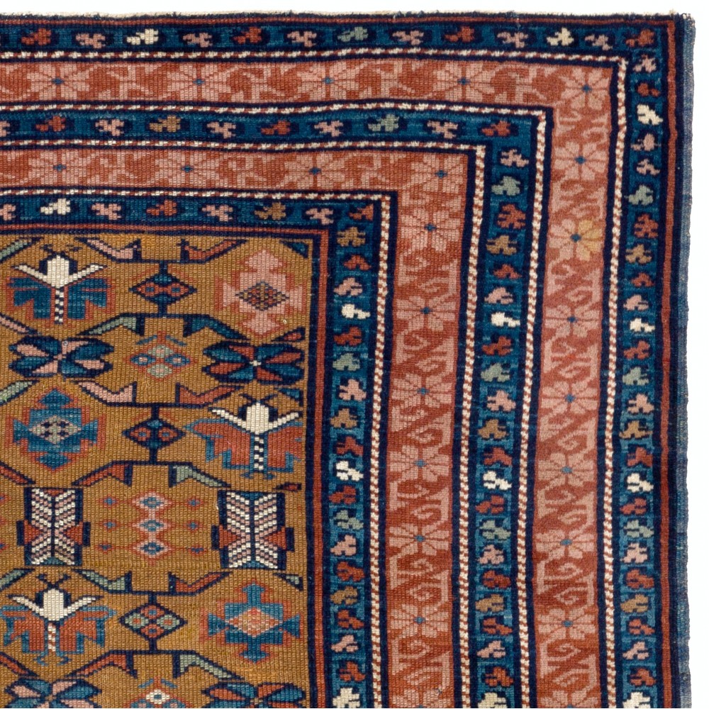 Rare Antique Caucasian Seichur Rug with Dark Yellow Ground & Rare Triple Border