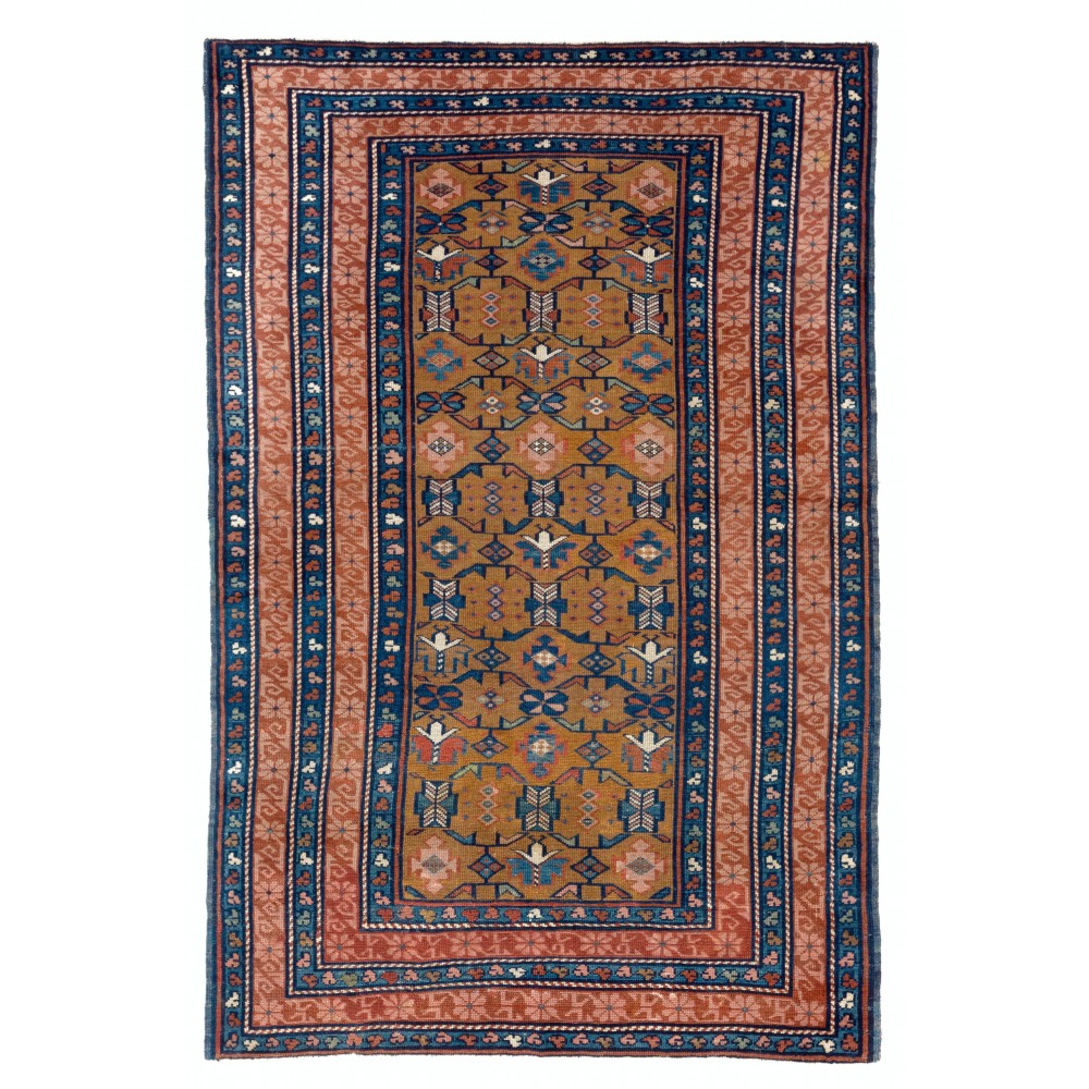 Rare Antique Caucasian Seichur Rug with Dark Yellow Ground & Rare Triple Border