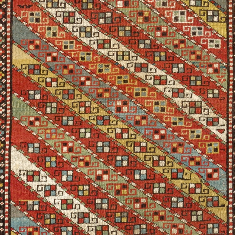 Antique Caucasian Gendje Rug Colorful Diagonal Stripes, circa 1875