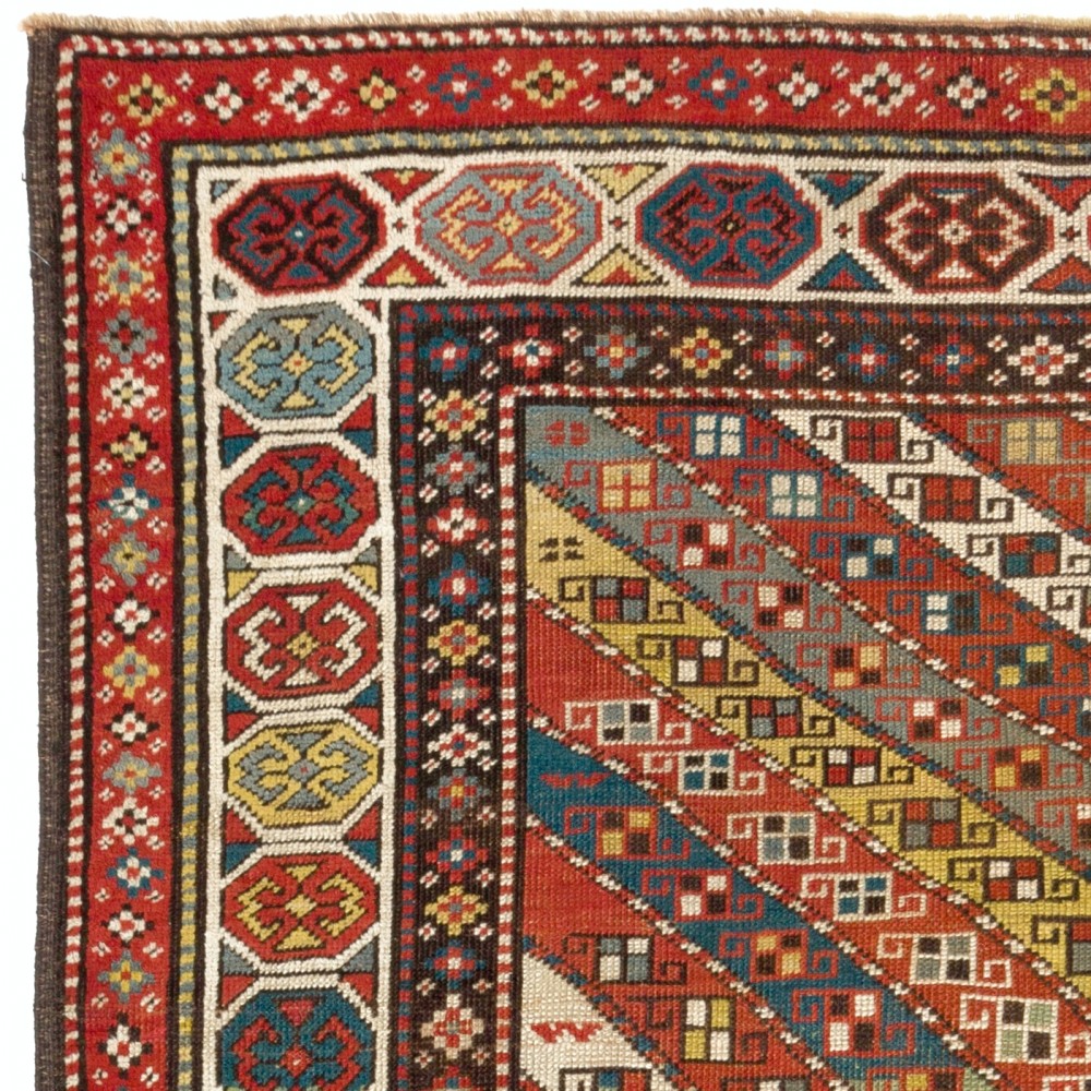 Antique Caucasian Gendje Rug Colorful Diagonal Stripes, circa 1875