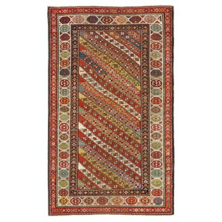 Antique Caucasian Gendje Rug Colorful Diagonal Stripes, circa 1875