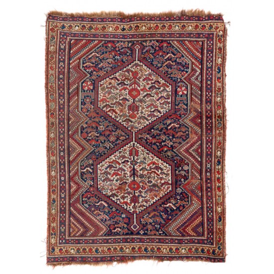 Antique Persian Shiraz Qashqai Rug, Ca 1890, 100% Wool