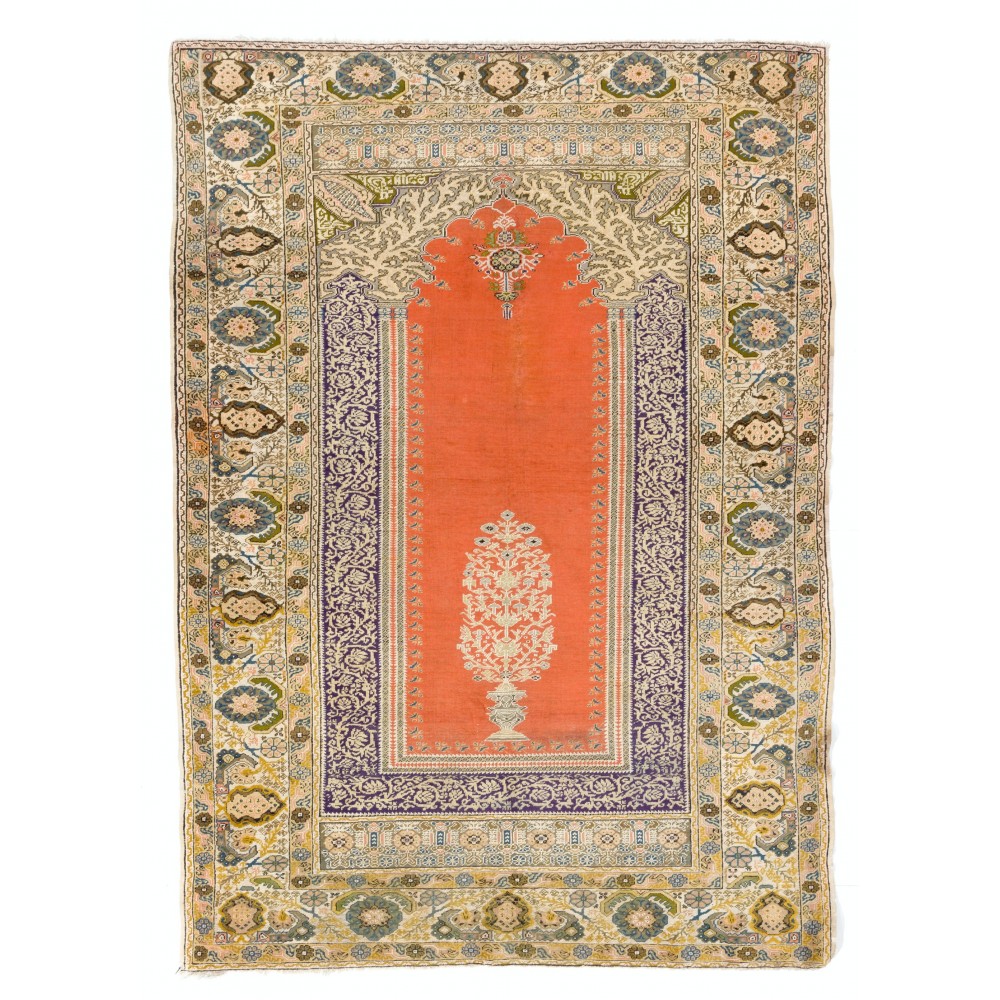 Antique Turkish Panderma Rug with Archway, Vase, Chandelier and Flowers