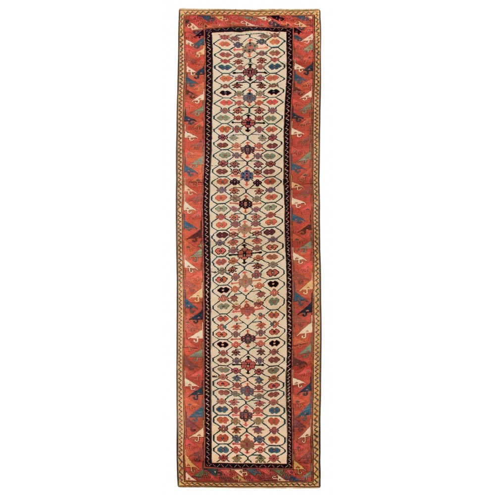Antique Caucasian Moghan Kazak Runner Rug. Ca 1800