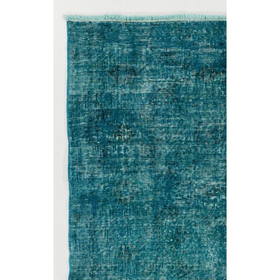 Vintage Handmade Anatolian Rug Over-Dyed in Teal Blue for Modern Interiors