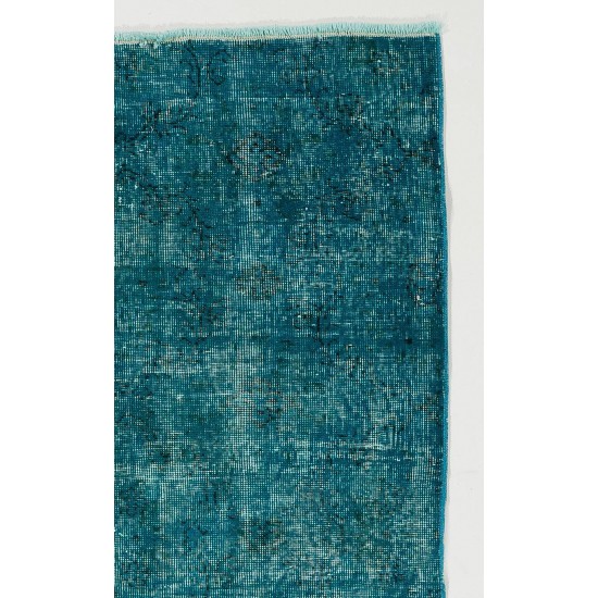 Vintage Handmade Anatolian Rug Over-Dyed in Teal Blue for Modern Interiors