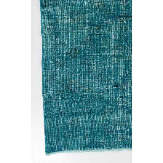 Vintage Handmade Anatolian Rug Over-Dyed in Teal Blue for Modern Interiors