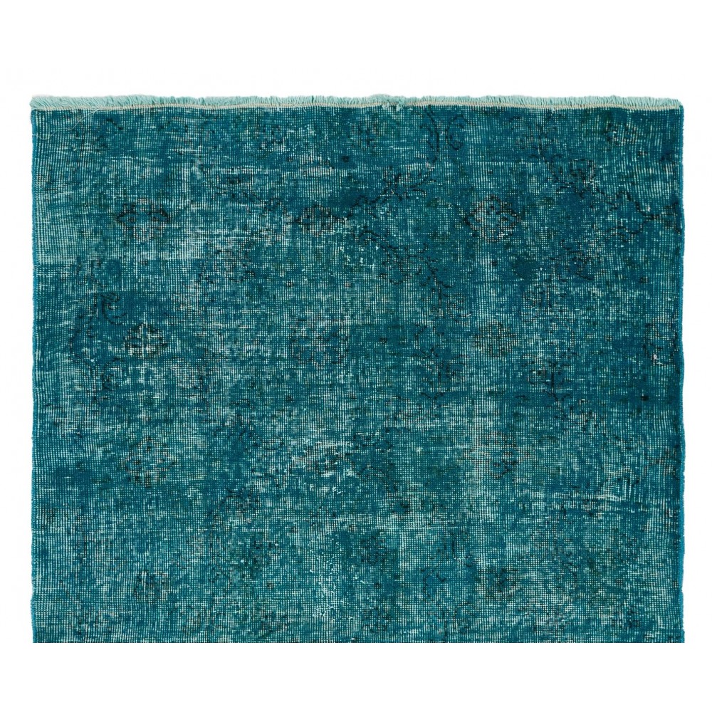 Vintage Handmade Anatolian Rug Over-Dyed in Teal Blue for Modern Interiors
