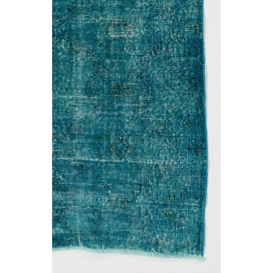 Vintage Handmade Anatolian Rug Over-Dyed in Teal Blue for Modern Interiors