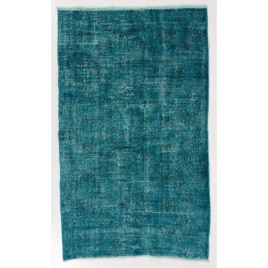Vintage Handmade Anatolian Rug Over-Dyed in Teal Blue for Modern Interiors