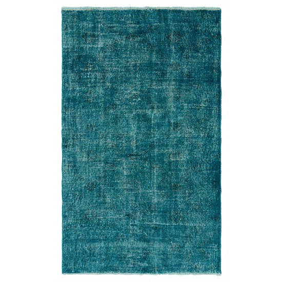 Vintage Handmade Anatolian Rug Over-Dyed in Teal Blue for Modern Interiors