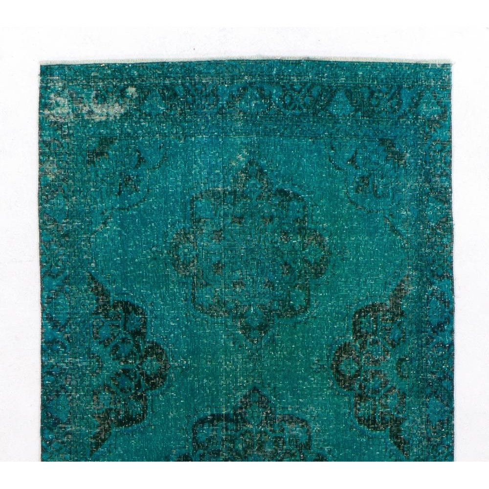 Turquoise Blue Color Overdyed Handmade Vintage Turkish Runner Rug for Hallway