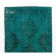 Turquoise Blue Color Overdyed Handmade Vintage Turkish Runner Rug for Hallway