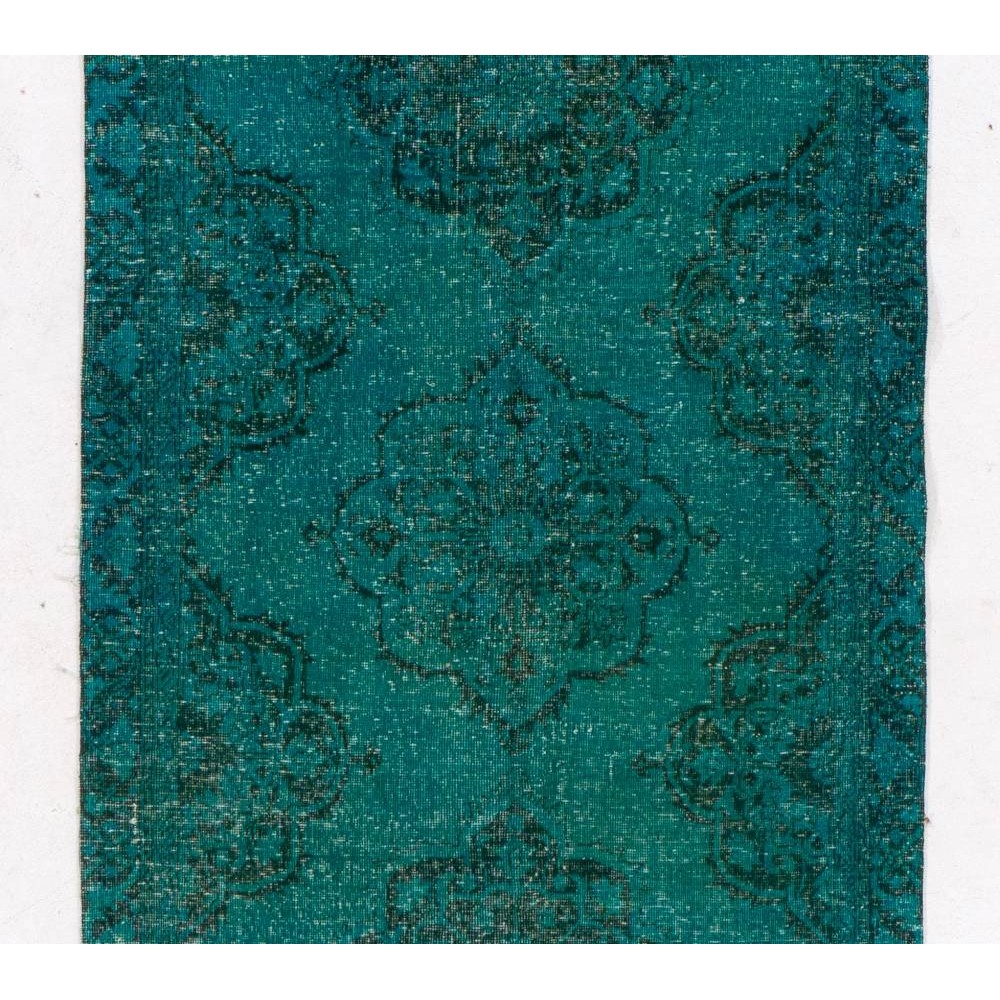 Turquoise Blue Color Overdyed Handmade Vintage Turkish Runner Rug for Hallway