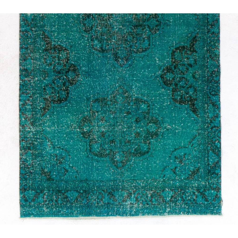 Turquoise Blue Color Overdyed Handmade Vintage Turkish Runner Rug for Hallway