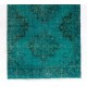 Turquoise Blue Color Overdyed Handmade Vintage Turkish Runner Rug for Hallway