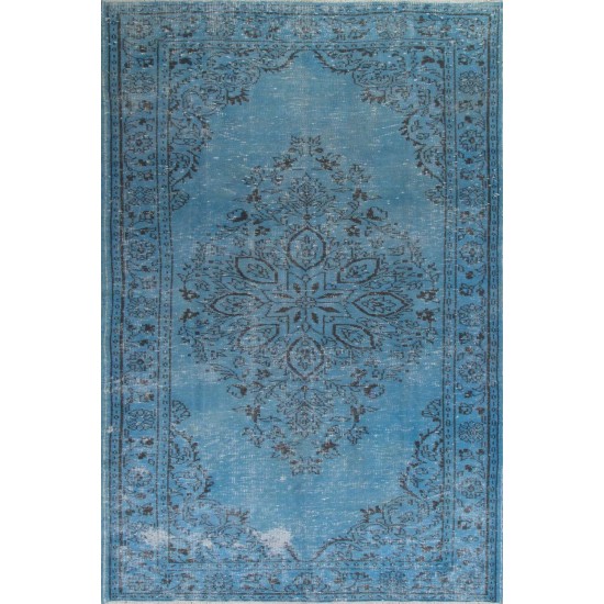 Vintage Turkish Area Rug Over-Dyed in Blue. Wool Hand-Knotted Carpet
