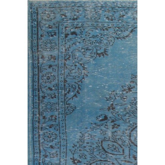 Vintage Turkish Area Rug Over-Dyed in Blue. Wool Hand-Knotted Carpet