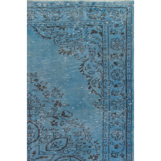 Vintage Turkish Area Rug Over-Dyed in Blue. Wool Hand-Knotted Carpet