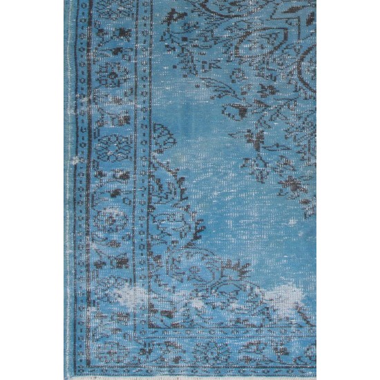 Vintage Turkish Area Rug Over-Dyed in Blue. Wool Hand-Knotted Carpet