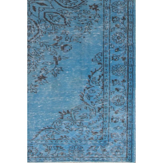 Vintage Turkish Area Rug Over-Dyed in Blue. Wool Hand-Knotted Carpet