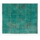 Turquoise Color Re-dyed Vintage Runner. Handmade Wool Rug for Hallway