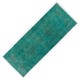 Turquoise Color Re-dyed Vintage Runner. Handmade Wool Rug for Hallway