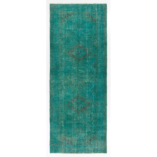 Turquoise Color Re-dyed Vintage Runner. Handmade Wool Rug for Hallway