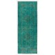 Turquoise Color Re-dyed Vintage Runner. Handmade Wool Rug for Hallway