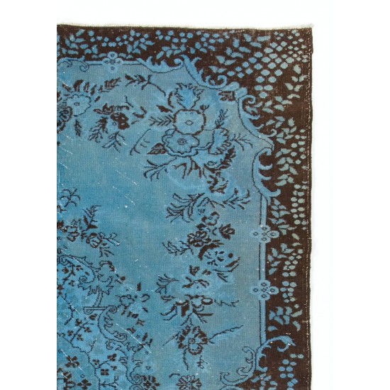 Hand Knotted Vintage Turkish Area Rug Over-Dyed in Light Blue Color for Modern Interiors