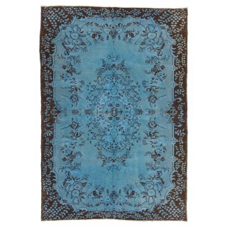 Hand Knotted Vintage Turkish Area Rug Over-Dyed in Light Blue Color for Modern Interiors