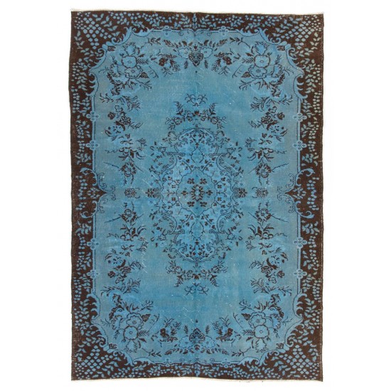 Hand Knotted Vintage Turkish Area Rug Over-Dyed in Light Blue Color for Modern Interiors