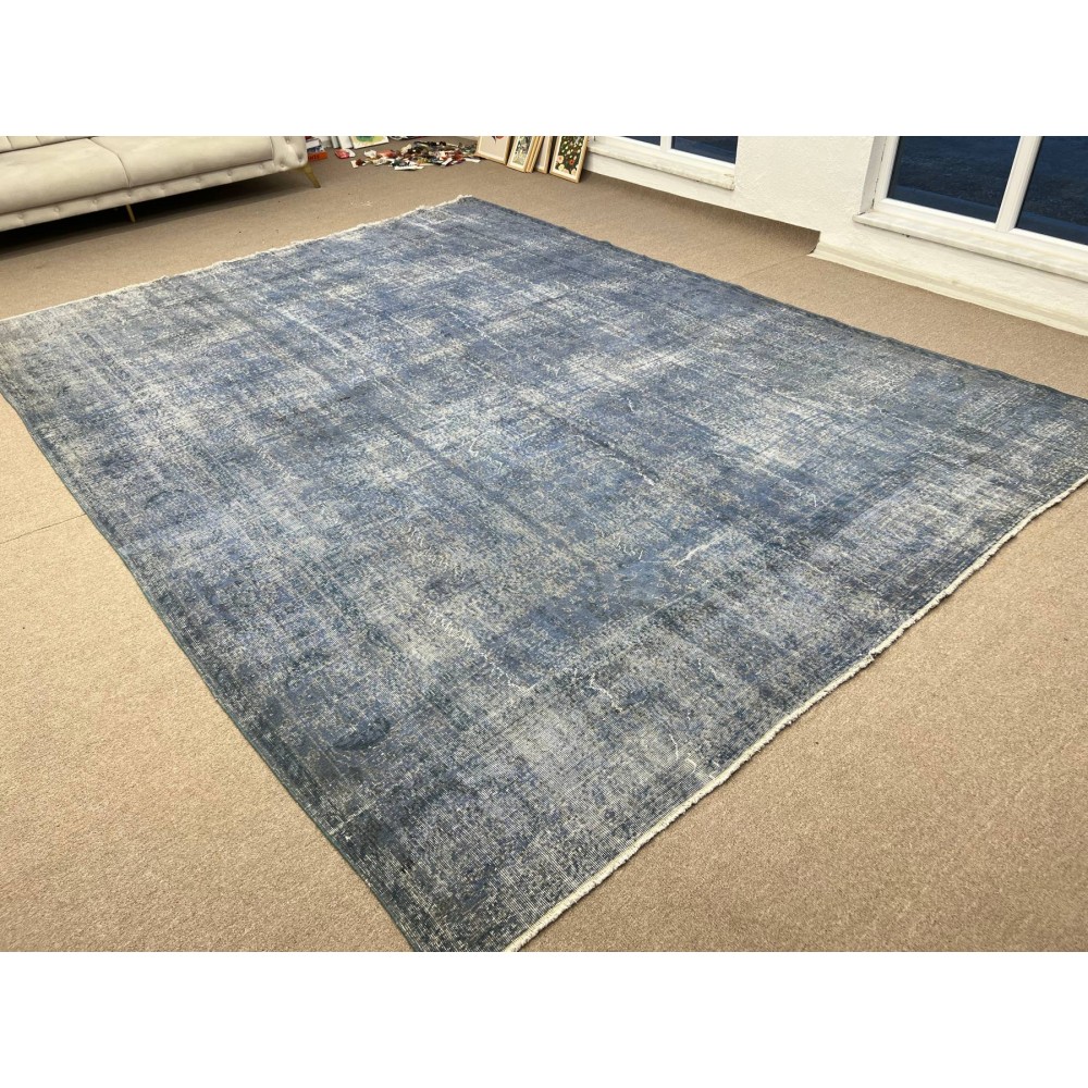 Abstract Upcycled Handmade Turkish Large Area Rug Over-Dyed in light Blue Color