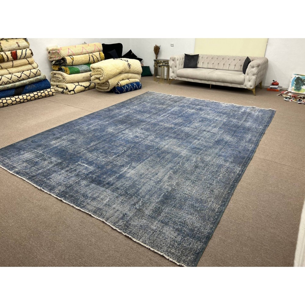 Abstract Upcycled Handmade Turkish Large Area Rug Over-Dyed in light Blue Color
