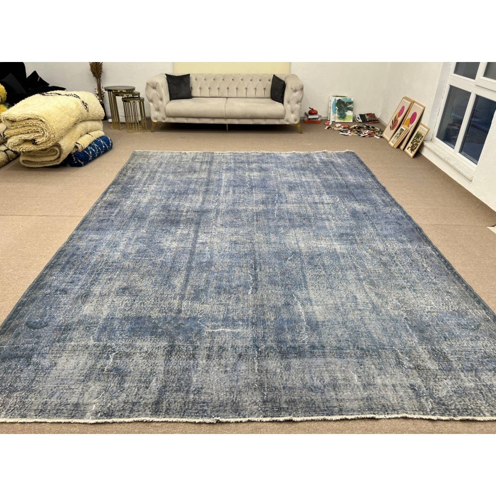 Abstract Upcycled Handmade Turkish Large Area Rug Over-Dyed in light Blue Color