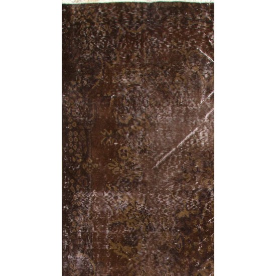 Distressed Vintage Hand-knotted Turkish Area Rug Over-dyed in Brown Color