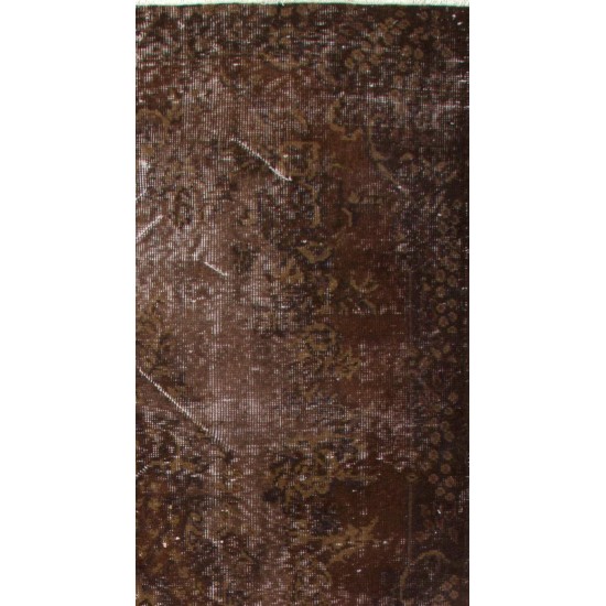 Distressed Vintage Hand-knotted Turkish Area Rug Over-dyed in Brown Color