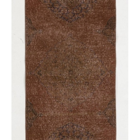 Distressed Vintage Hand-knotted Turkish Runner Rug Over-dyed in Brown Color