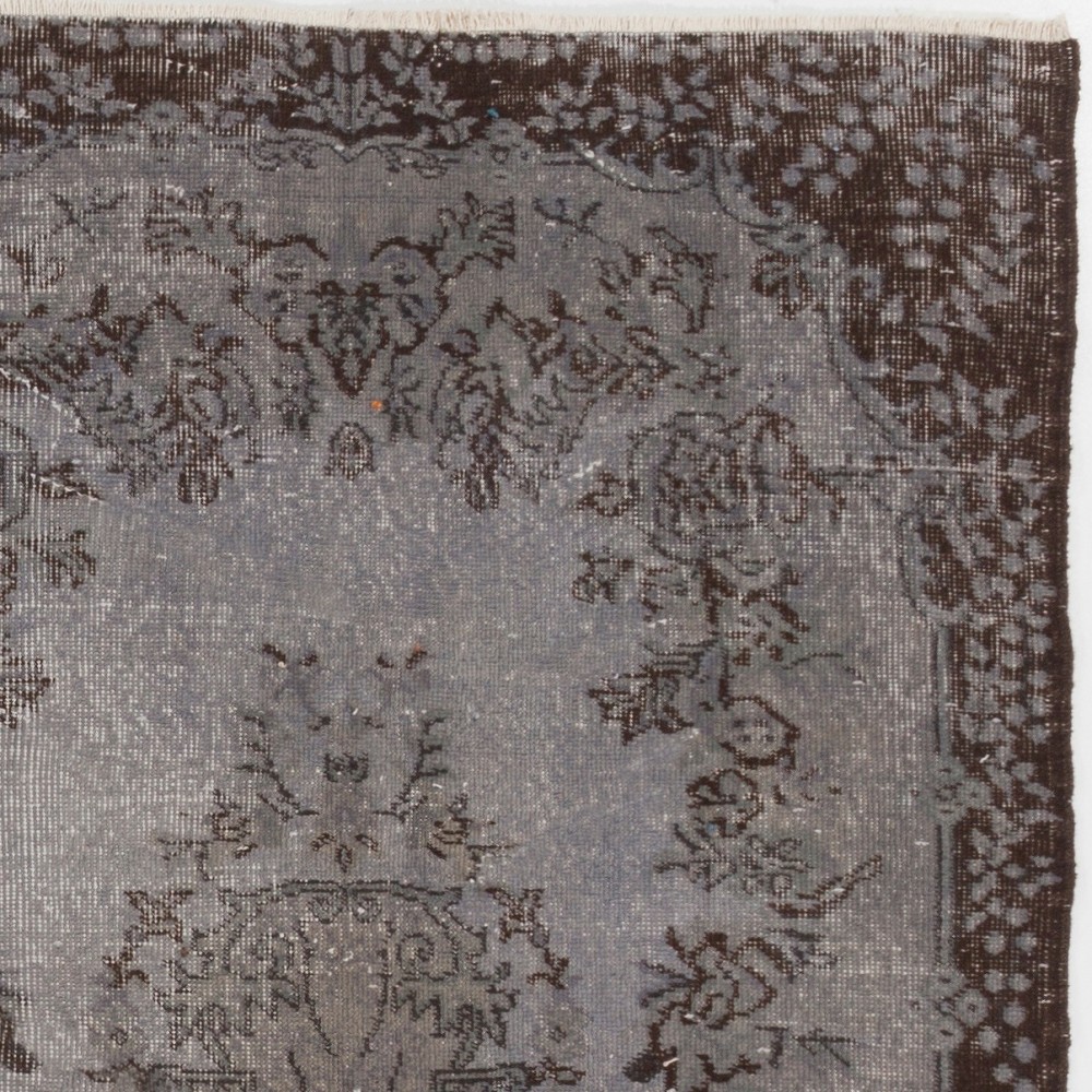 Gray Color Overdyed Handmade Vintage Turkish Rug with Medallion Design