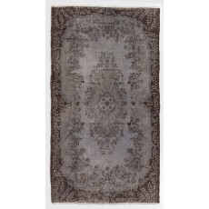 Gray Color Overdyed Handmade Vintage Turkish Rug with Medallion Design