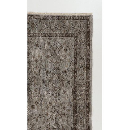Gray Color OVERDYED Handmade Vintage Turkish Area Rug with Floral Design