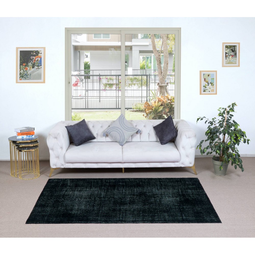 Handmade Turkish Plain Black Wool Rug, Ideal for Contemporary Interiors