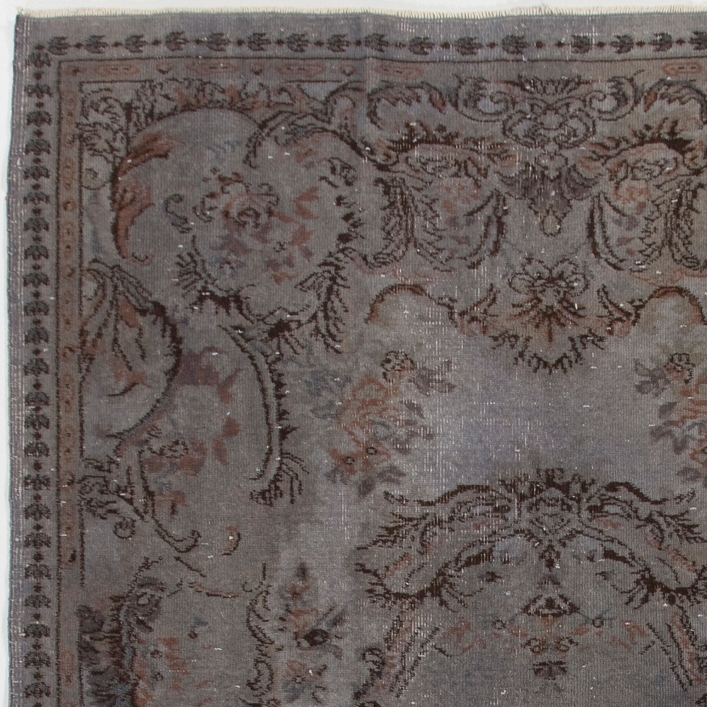 Gray Color Overdyed Handmade Vintage Turkish Rug with Medallion Design