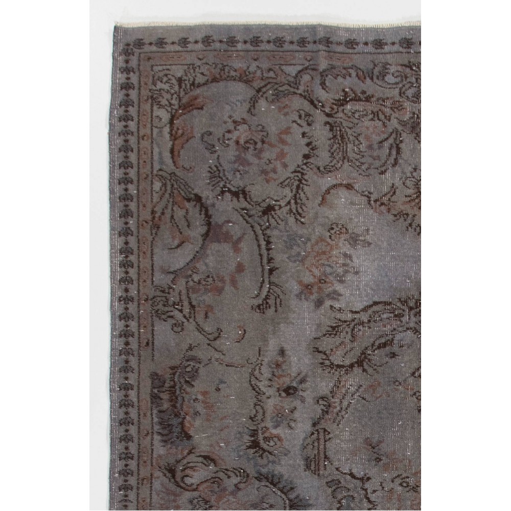 Gray Color Overdyed Handmade Vintage Turkish Rug with Medallion Design