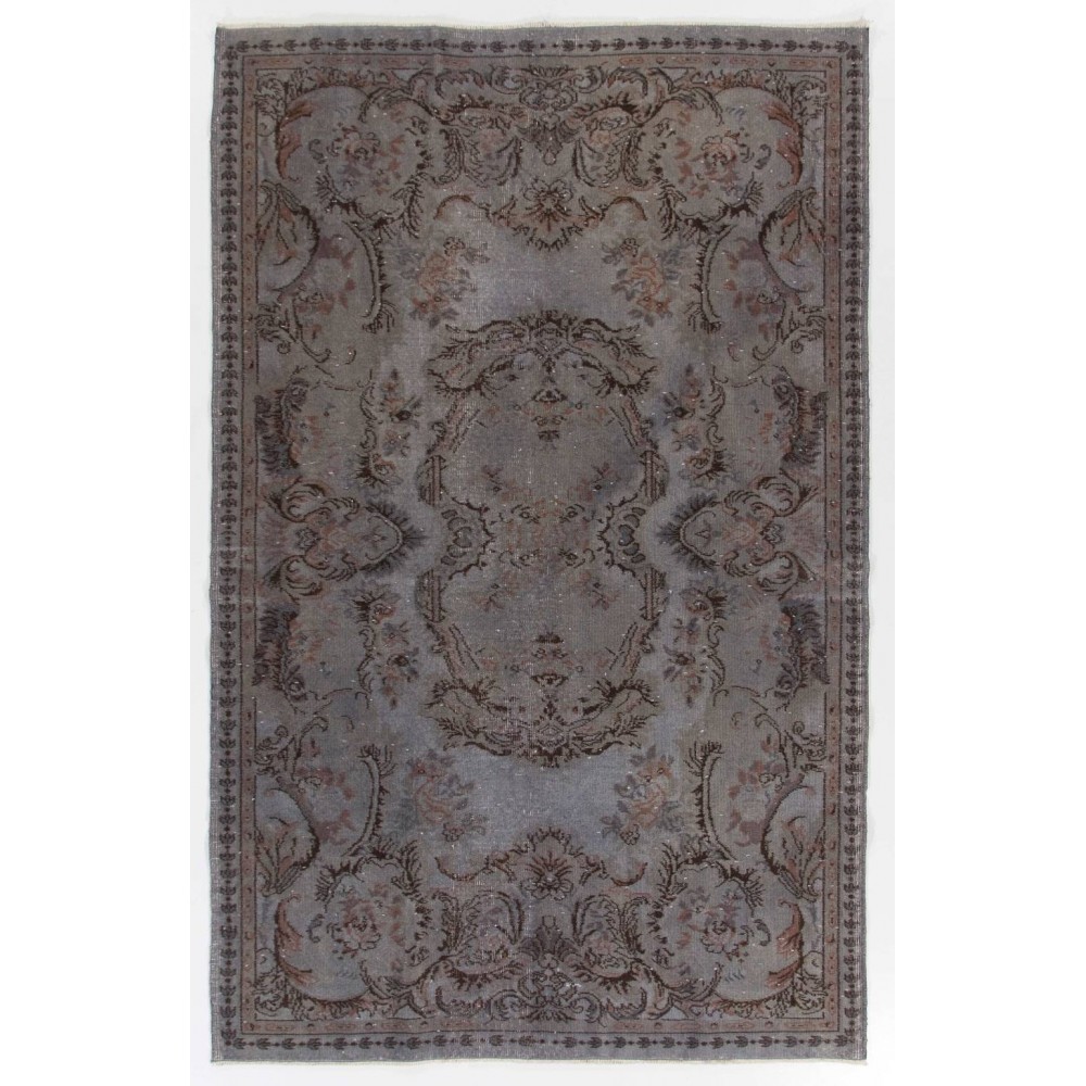 Gray Color Overdyed Handmade Vintage Turkish Rug with Medallion Design