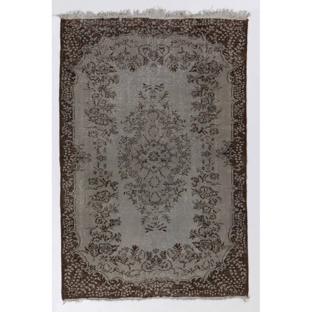 Gray Color Handmade Vintage Turkish Rug with Medallion Design
